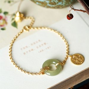 Gold-Plated Silver Bracelet for Women with Hetian Jade Peace Pendant, Niche Design, Light Luxury Retro Summer Style