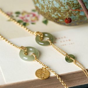 Gold-Plated Silver Bracelet for Women with Hetian Jade Peace Pendant, Niche Design, Light Luxury Retro Summer Style