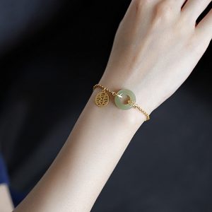 Gold-Plated Silver Bracelet for Women with Hetian Jade Peace Pendant, Niche Design, Light Luxury Retro Summer Style