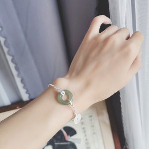 Gold-Plated Silver Bracelet for Women with Hetian Jade Peace Pendant, Niche Design, Light Luxury Retro Summer Style