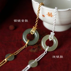 Gold-Plated Silver Bracelet for Women with Hetian Jade Peace Pendant, Niche Design, Light Luxury Retro Summer Style