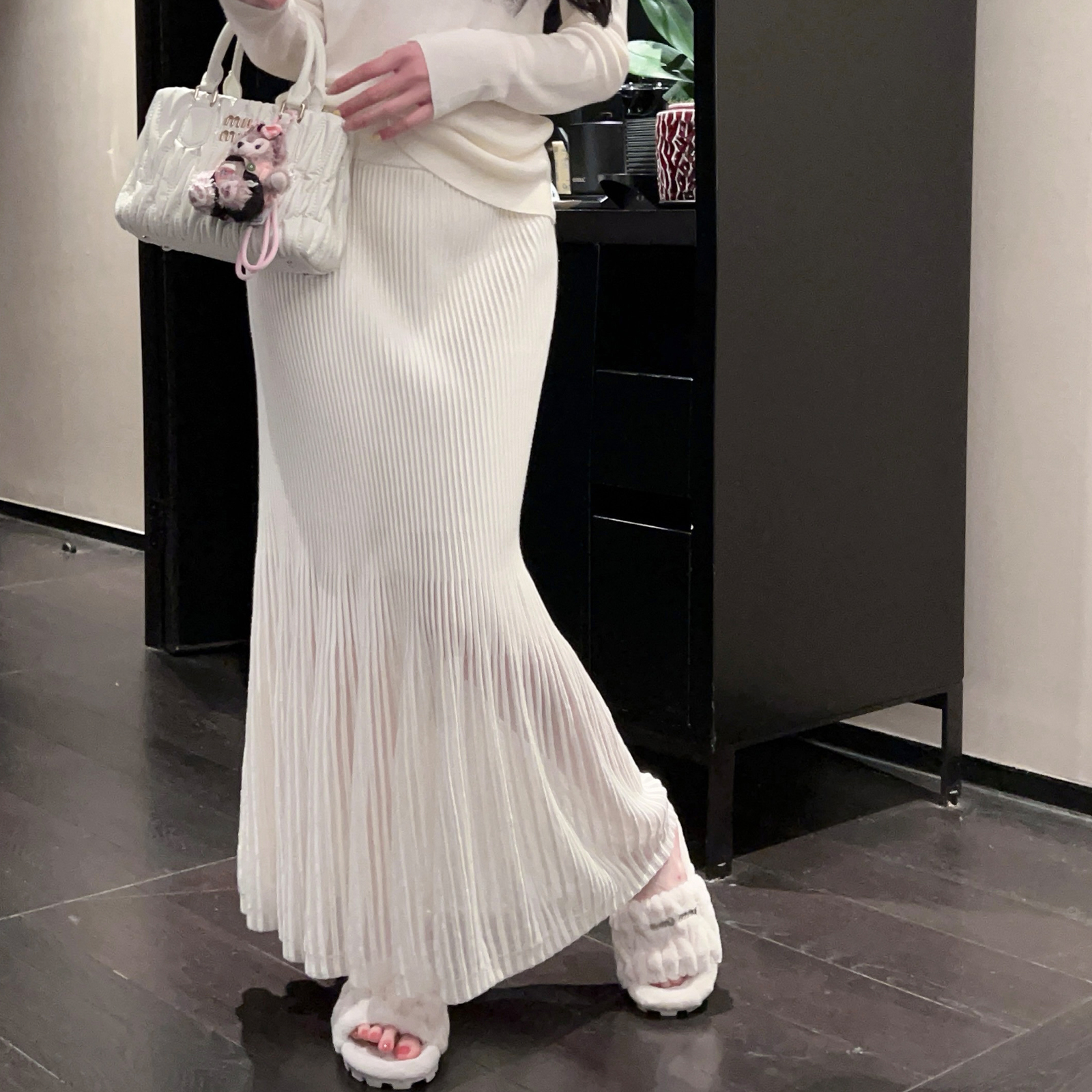 Gorgeous Milk White Hollow Knit Long High Waist Bodycon Mermaid Skirt for Autumn Winter Fashion, Elegant Style