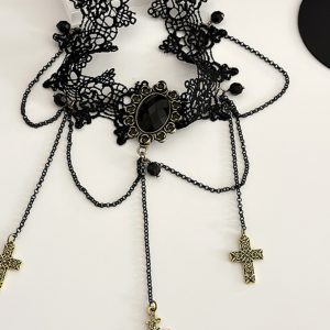 Gothic Retro Lace Fringe Choker Necklace for Halloween Cosplay - Dark Collarbone Chain Accessory