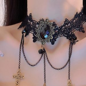 Gothic Retro Lace Fringe Choker Necklace for Halloween Cosplay - Dark Collarbone Chain Accessory
