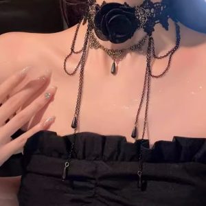 Gothic Retro Lace Fringe Choker Necklace for Halloween Cosplay - Dark Collarbone Chain Accessory