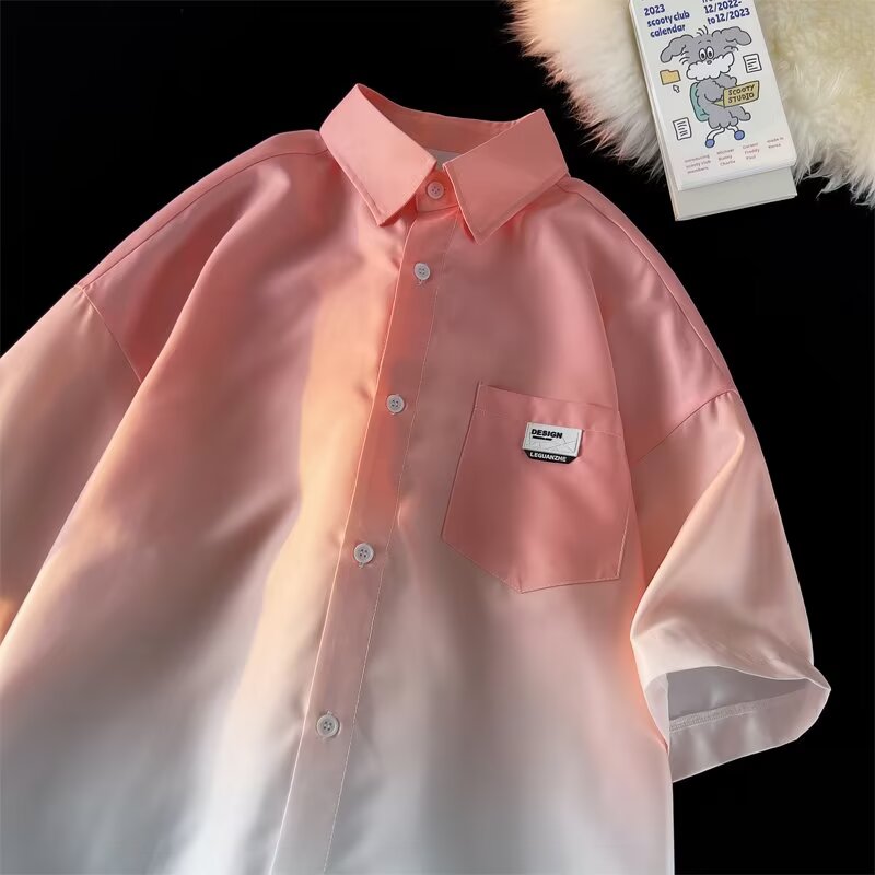 Gradient Pink and White Short Sleeve Shirt for Men - High-End Ice Silk Summer Couple Jacket with Five-Point Sleeves