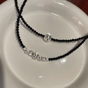 Gradient Silk Gloss Cat Eye Necklace with Silver Ball and Natural Black Agate Clavicle Chain – Chic Statement Jewelry for Modern Style