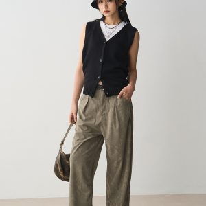 Gray Floral Corduroy Loose Straight Leg Pants for Women - High Waist, Slim Fit, Versatile Casual Floor-Length Style