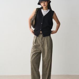 Gray Floral Corduroy Loose Straight Leg Pants for Women - High Waist, Slim Fit, Versatile Casual Floor-Length Style