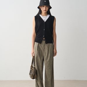 Gray Floral Corduroy Loose Straight Leg Pants for Women - High Waist, Slim Fit, Versatile Casual Floor-Length Style