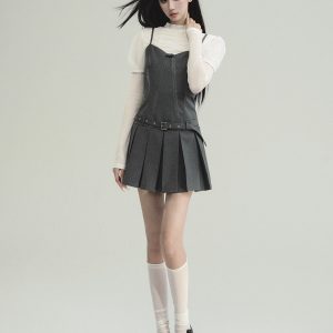 Gray Girl's Aristocratic Pleated Waist Layered Slip Dress - Elegant Y2K Style for Girls, Perfect for Special Occasions