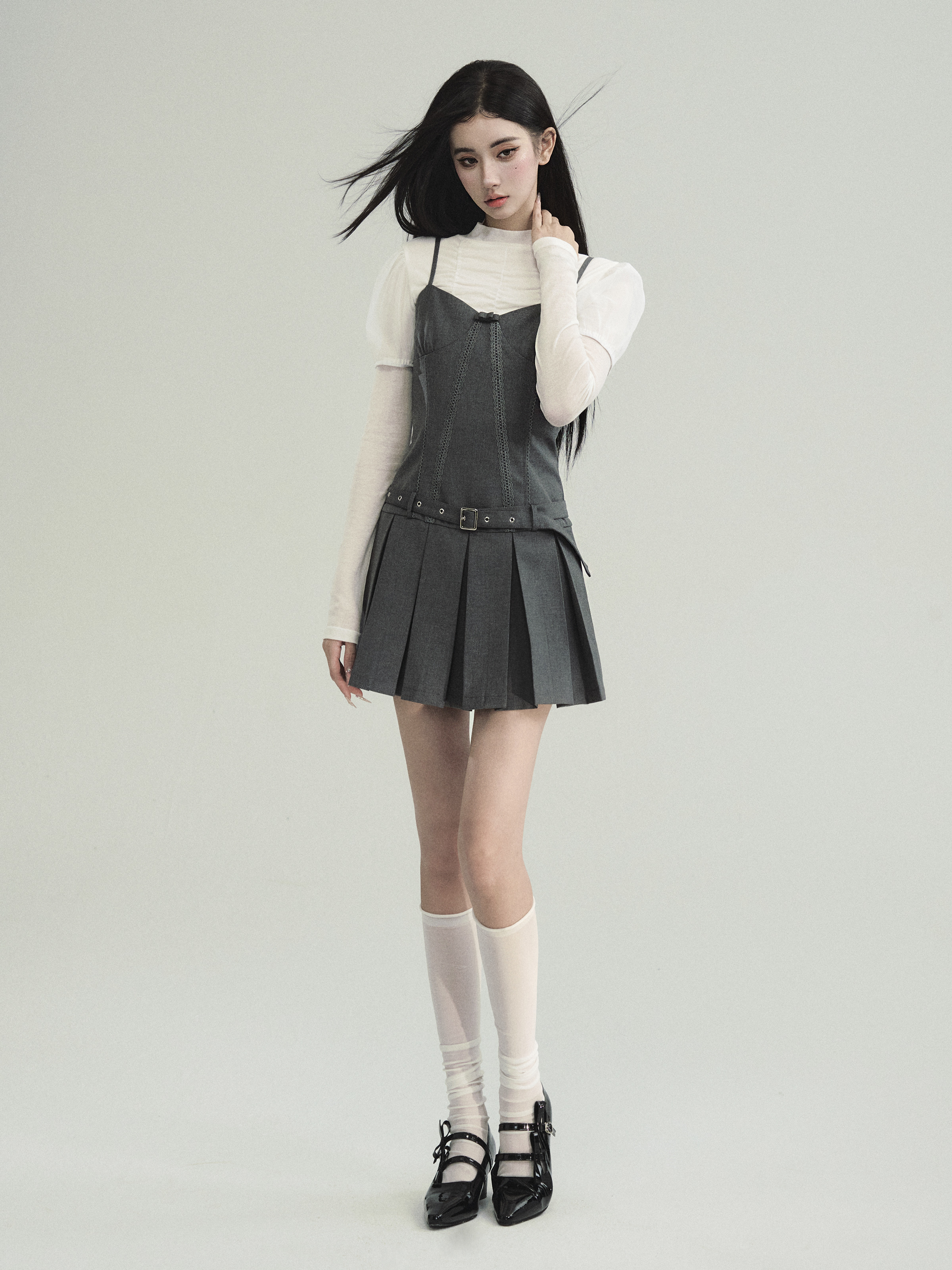 Gray Girl's Aristocratic Pleated Waist Layered Slip Dress - Elegant Y2K Style for Girls, Perfect for Special Occasions