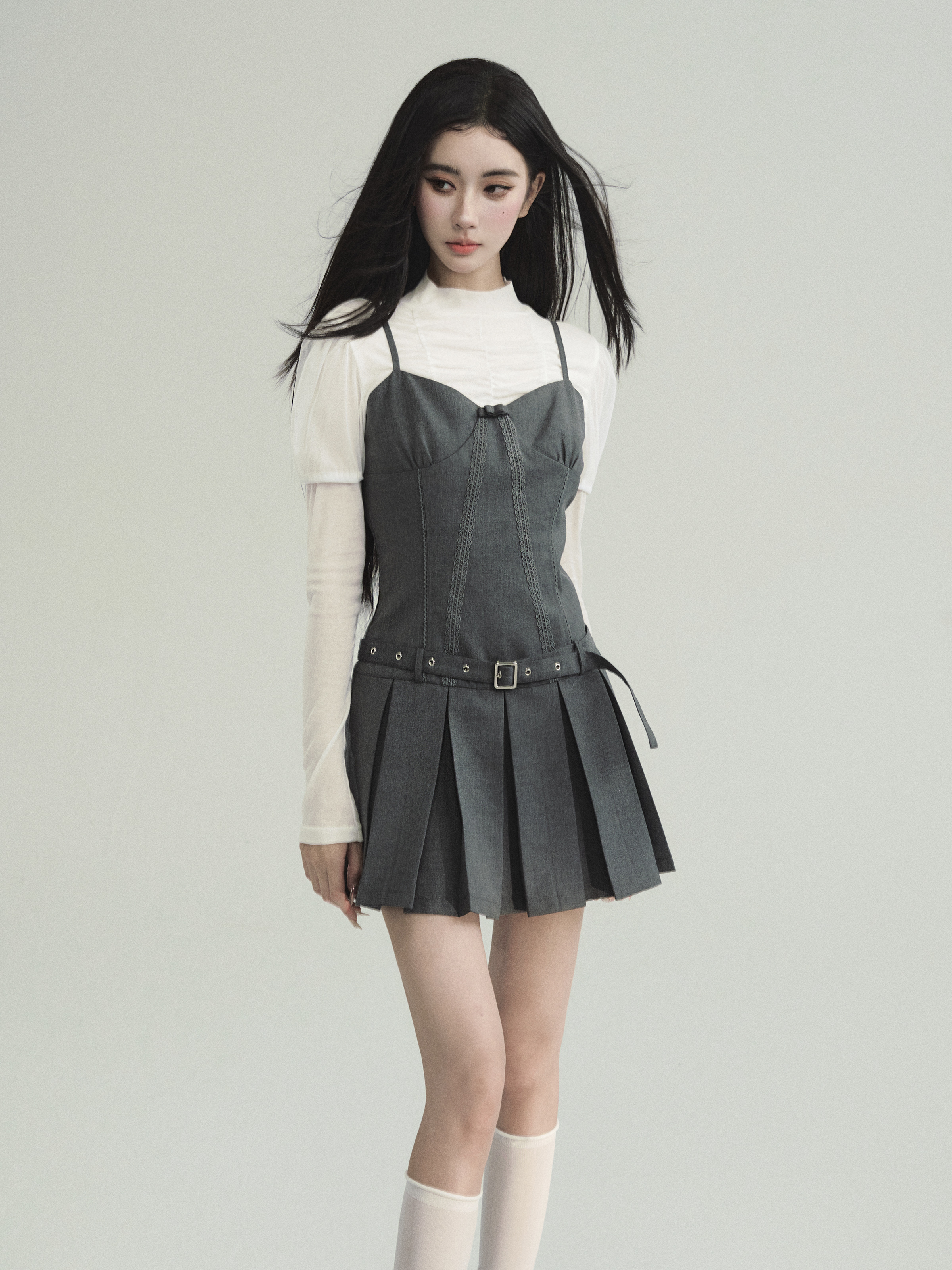 Gray Girl's Aristocratic Pleated Waist Layered Slip Dress - Elegant Y2K Style for Girls, Perfect for Special Occasions