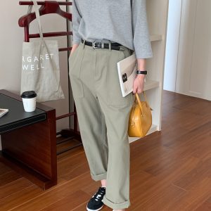 Gray-Green 100% Cotton Wide-Leg Work Pants for Women - High-Waisted Straight Leg Casual Trousers - 2023 Versatile Fashion