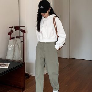 Gray-Green 100% Cotton Wide-Leg Work Pants for Women - High-Waisted Straight Leg Casual Trousers - 2023 Versatile Fashion
