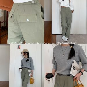 Gray-Green 100% Cotton Wide-Leg Work Pants for Women - High-Waisted Straight Leg Casual Trousers - 2023 Versatile Fashion