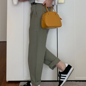 Gray-Green 100% Cotton Wide-Leg Work Pants for Women - High-Waisted Straight Leg Casual Trousers - 2023 Versatile Fashion