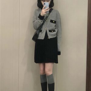Gray Knitted Cardigan for Women, 2023 Autumn Y2K Style with Elegant Black Pleated Skirt Set, Fashionable Outfit for Fall