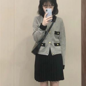 Gray Knitted Cardigan for Women, 2023 Autumn Y2K Style with Elegant Black Pleated Skirt Set, Fashionable Outfit for Fall
