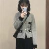 Gray Knitted Cardigan for Women, 2023 Autumn Y2K Style with Elegant Black Pleated Skirt Set, Fashionable Outfit for Fall