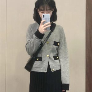 Gray Knitted Cardigan for Women, 2023 Autumn Y2K Style with Elegant Black Pleated Skirt Set, Fashionable Outfit for Fall