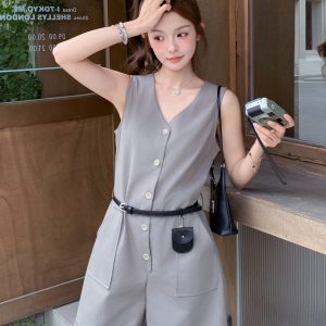 Gray Korean-Style Wide-Leg Shorts Jumpsuit for Women - Sweet Cool Wind Workwear, Summer 2025 Model for Petite