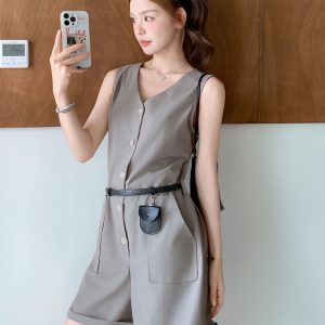 Gray Korean-Style Wide-Leg Shorts Jumpsuit for Women - Sweet Cool Wind Workwear, Summer 2025 Model for Petite