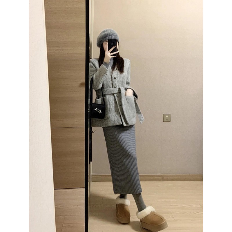 Gray Lace-Up Short Woolen Coat for Women - Chic Winter Outerwear with High-End Feel and Niche Temperament, 2025 Fashion