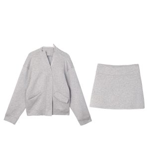 Gray Loose Casual Hoodie and High-Waisted A-Line Skirt Two-Piece Set - Comfy Streetwear for Y2K and Cozy Days