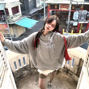 Gray Loose Hoodie for Women with Bow Detail - High-Weight Cozy Casual Style for Lazy Days