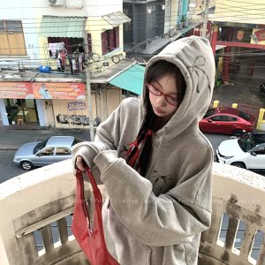 Gray Loose Hoodie for Women with Bow Detail - High-Weight Cozy Casual Style for Lazy Days