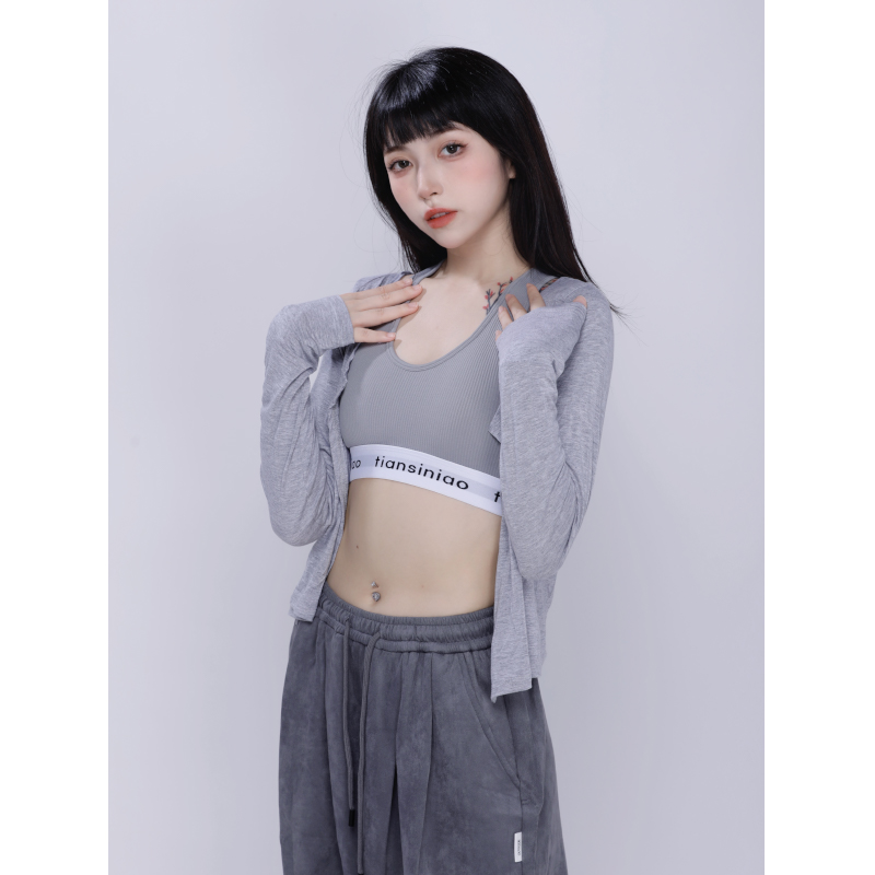 Gray Modal Short Cardigan for Women - Solid Color, Round Neck, Waist Tie, Casual Layering Top, Perfect for Y2K and Korean Style Outfits