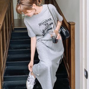 Gray Printed T-Shirt and Skirt Set for Women - 2025 Summer American Sports Style, Petite Sizes, Casual Two-Piece Outfit