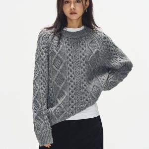 Gray Round Neck Cable Knit Sweater for Women - Loose Thick Knit Top in 2024 Autumn Winter Korean Style Fashion