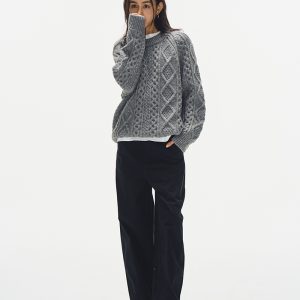 Gray Round Neck Cable Knit Sweater for Women - Loose Thick Knit Top in 2024 Autumn Winter Korean Style Fashion