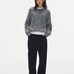 Gray Round Neck Cable Knit Sweater for Women - Loose Thick Knit Top in 2024 Autumn Winter Korean Style Fashion