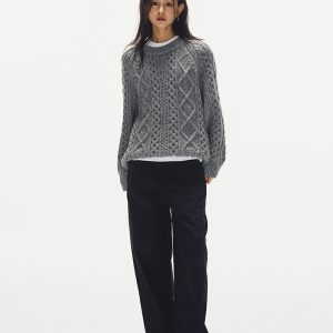 Gray Round Neck Cable Knit Sweater for Women - Loose Thick Knit Top in 2024 Autumn Winter Korean Style Fashion