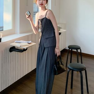 Gray Striped Camisole and Wide-Leg Pants Set for Women - 2025 Summer High-End Mature Two-Piece Outfit