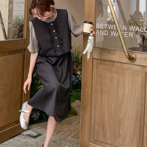 Gray Two-Piece Spliced Dress for Women - Summer High-End French Style, Slimming, Youthful Design, Elegant Temperament