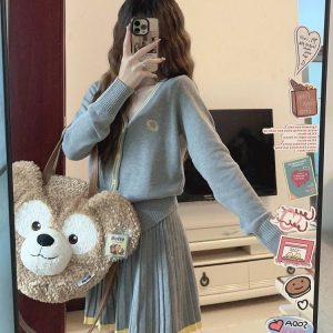 Gray V-Neck Knitted Cardigan and Pleated Skirt Set for Women – Chic Long Sleeve Dress for Autumn and Winter Fashion