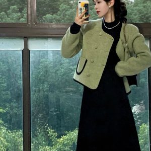 Green Double-Sided Wool Short Coat for Women - Petite Fall Winter 2023 Jacket with High-End Feel