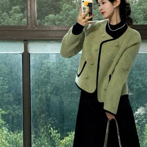 Green Double-Sided Wool Short Coat for Women - Petite Fall Winter 2023 Jacket with High-End Feel