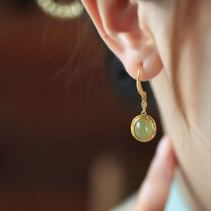 Green Jade Earrings for Women - 18K Gold-Plated Silver with Chinese Style Design, Elegant Jade Stone Jewelry