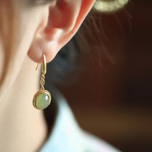 Green Jade Earrings for Women - 18K Gold-Plated Silver with Chinese Style Design, Elegant Jade Stone Jewelry