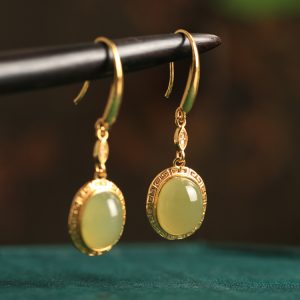 Green Jade Earrings for Women - 18K Gold-Plated Silver with Chinese Style Design, Elegant Jade Stone Jewelry