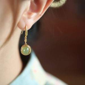 Green Jade Earrings for Women - 18K Gold-Plated Silver with Chinese Style Design, Elegant Jade Stone Jewelry