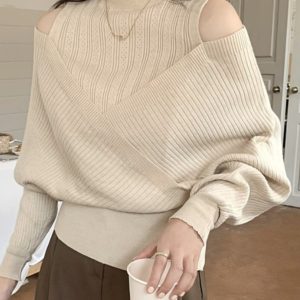 Half High-Neck Off-Shoulder Cross Long Sleeve Knitted Top - Stylish Irregular Slim-Fit for Autumn & Winter Fashion