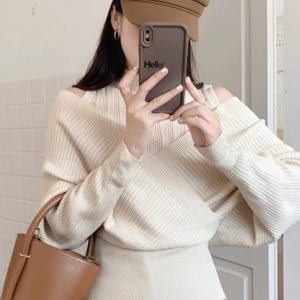 Half High-Neck Off-Shoulder Cross Long Sleeve Knitted Top - Stylish Irregular Slim-Fit for Autumn & Winter Fashion