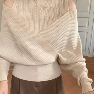 Half High-Neck Off-Shoulder Cross Long Sleeve Knitted Top - Stylish Irregular Slim-Fit for Autumn & Winter Fashion
