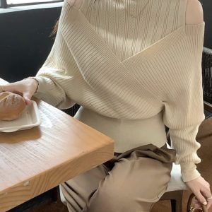 Half High-Neck Off-Shoulder Cross Long Sleeve Knitted Top - Stylish Irregular Slim-Fit for Autumn & Winter Fashion
